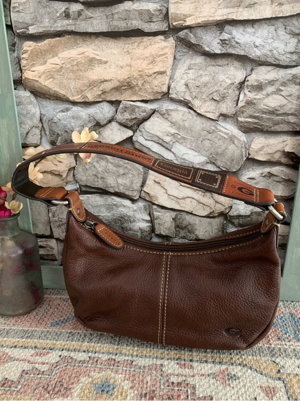 Fossil UGA Dawgs Georgia Bulldogs Embossed Logo Leather Shoulder Mini Bag Purse